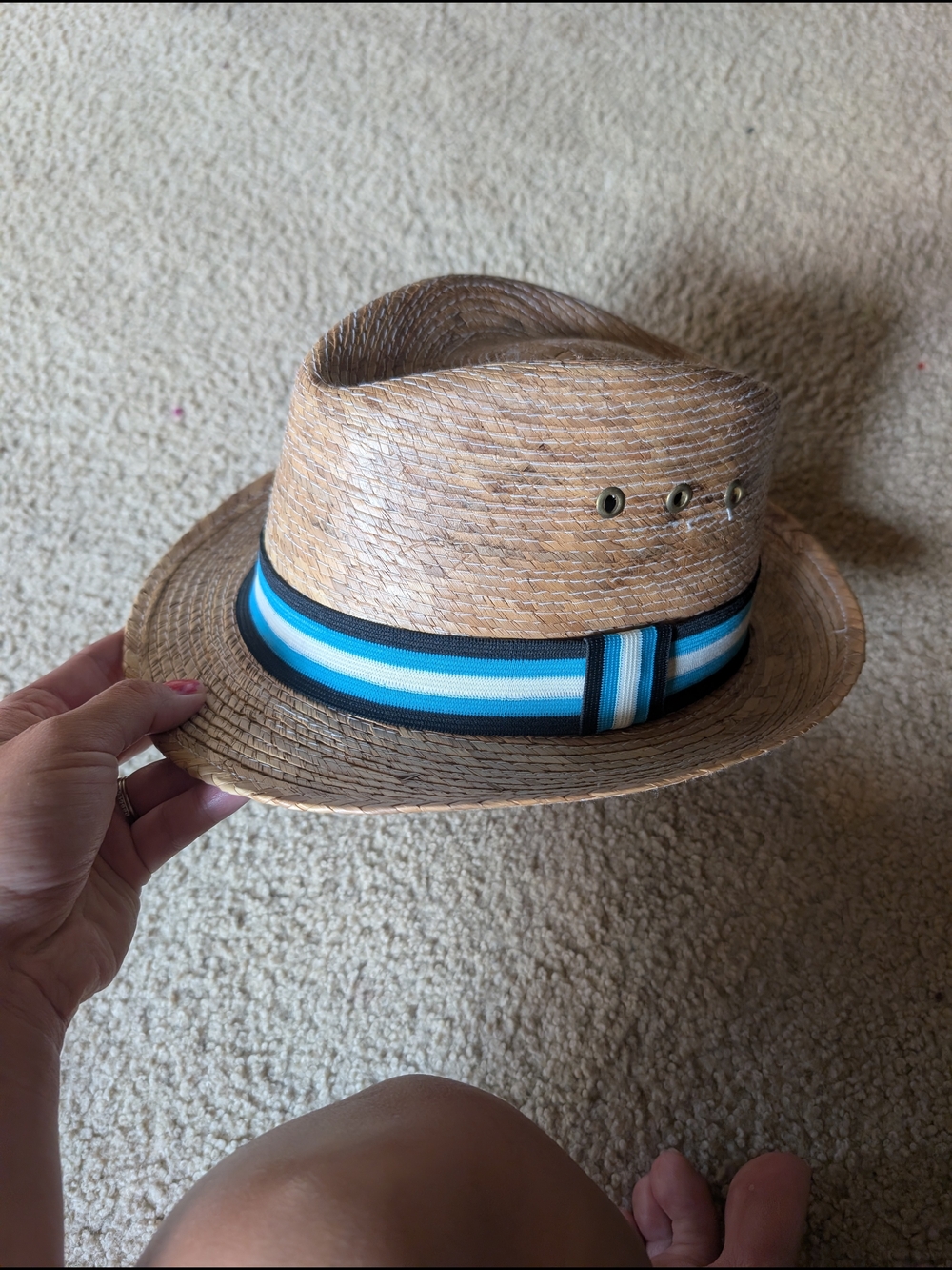 Striped Band Straw Fedora Hat - Natural with Blue Accent - Picture 2 of 7